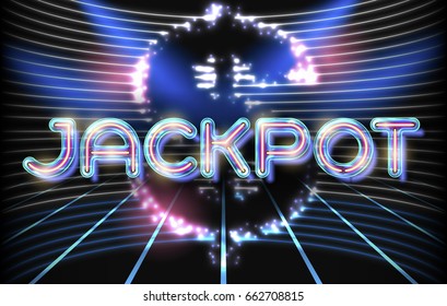 Jackpot casino neon lettering stage on background with glowing wall. Vector abstract background