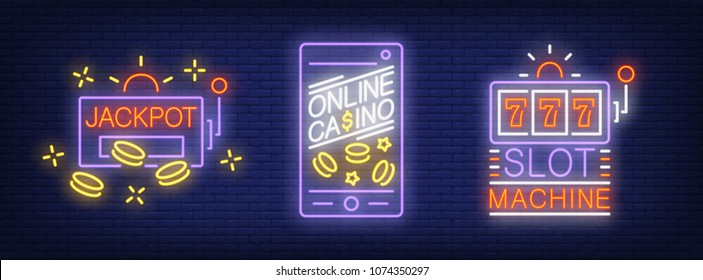 Jackpot, casino online, slot machine neon sign set. Logo collection with phone screen and chips. Night bright advertisements. Vector illustrations for casino