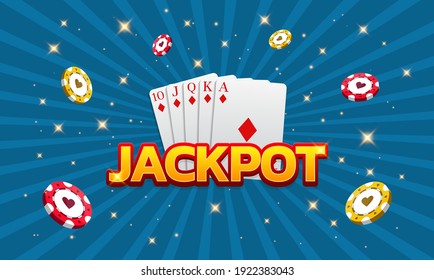 Jackpot casino, poker, game cards and chips, royal flash. Can be used as a flyer, poster, banner for advertisement. Vector illustration on a blue background.