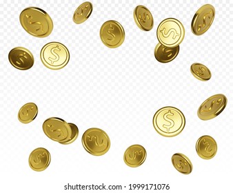 Jackpot or casino poker win element. Realistic gold coin on transparent background. Cash treasure concept. Falling or flying money. Vector illustration