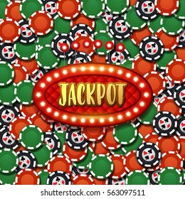 Jackpot Casino sign with  Glowing star Lights.  background of poker chips 