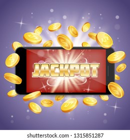 Jackpot casino vector poster banner design template. Smart phone with dollar coins. Mobile gambling jackpot winner concept.