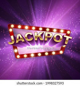 Jackpot casino winner. Big win banner. Retro signboard on purple background with light rays. Vector illustration