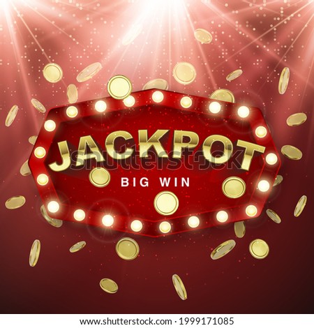 Jackpot casino winner. Big win banner. Retro signboard with falling gold coins on red background with light rays. Vector illustration