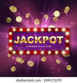 Jackpot casino winner on purple background with light rays. Big win banner. Retro signboard with falling gold coins. Vector illustration