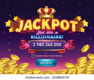 Jackpot. gambling game bright banner with confetti. Slots games. Shining retro sign. Casino or lottery advertising template. big win. vector illustration