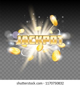 Jackpot gambling vector poster, banner template. Casino or lottery jackpot winner glowing background with gold dollar coins.