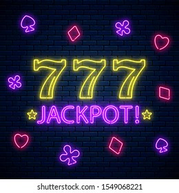 Jackpot - glowing neon motivation sign with three seven on slot machine. Slot machine 777 win combination in neon style. You ate lucky. Vector illustration.