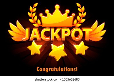Jackpot gold casino lotto label with shooting stars on black background. Casino jackpot winner awards with golden text and wings. Objects on separate layers.