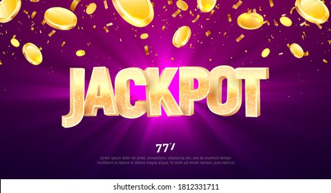 Jackpot golden 3d word on falling down confetti background. Winning vector illustration. Advertising of prize in gamble games on purple background