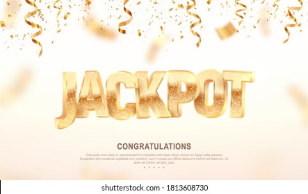 Jackpot golden 3d word on falling down confetti background. Winning vector illustration. Advertising of prize in gamble games on white background