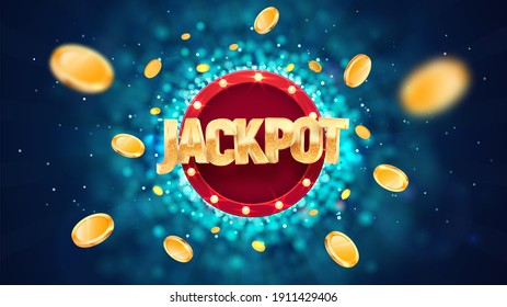 Jackpot golden text on retro red board vector banner. Winning vector illustration. Win congratulations illustration for casino or online games. Explosion coins  on dark blue background 