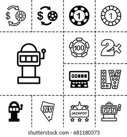Jackpot icon. set of 13 filled and outline jackpot icons such as casino chip and money, 1 casino chip, slot machine, jackpot, vegas