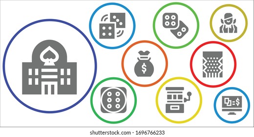 jackpot icon set. 9 filled jackpot icons. Included Casino, Dices, Dice, Slot machine, Money bag, Croupier, Gambling icons