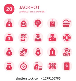 jackpot icon set. Collection of 20 filled jackpot icons included Money bag, Roulette, Slot machine, Jackpot, Croupier, Dices, Casino, Dice, Gambler, Poker table, Mahjong