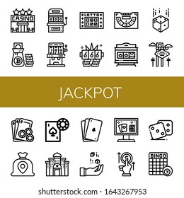 jackpot icon set. Collection of Casino, Money bag, Slot machine, Lotto, Jackpot, Baccarat, Dice, Las vegas, Gambling, Poker, Online casino, Bet, Bingo icons