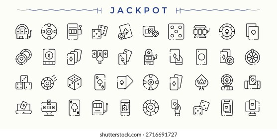 Conjunto de iconos de Jackpot. Iconos para diseños UI. Vector ilustración y obra de arte. Juego de iconos relacionados con el juego. Contiene tarjeta, juego, as, póquer, tragamonedas y más.