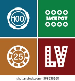 jackpot icons set. Set of 4 jackpot filled icons such as 25 casino chip, 100 casino chip, Jackpot