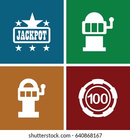 Jackpot icons set. set of 4 jackpot filled icons such as 100 casino chip, jackpot, slot machine