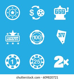 Jackpot icons set. set of 9 jackpot filled icons such as Slot machine, Casino chip and money, Casino bet, Jackpot