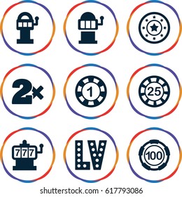 Jackpot icons set. set of 9 jackpot filled icons such as Slot machine, Casino bet, Vegas