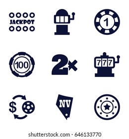 Jackpot icons set. set of 9 jackpot filled icons such as slot machine, casino chip and money, 1 casino chip, jackpot