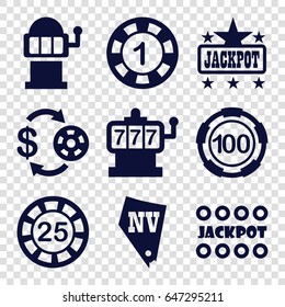 Jackpot icons set. set of 9 jackpot filled icons such as slot machine, casino chip and money, 1 casino chip, jackpot