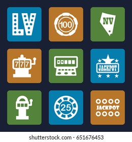 Jackpot icons set. set of 9 jackpot filled icons such as slot machine, 25 casino chip, 100 casino chip, jackpot, vegas