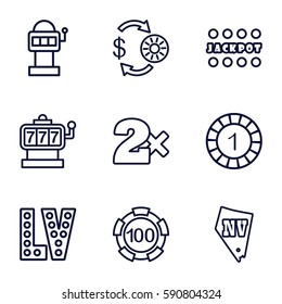 jackpot icons set. Set of 9 jackpot outline icons such as Slot machine, Casino chip and money, Casino bet, Jackpot, Vegas