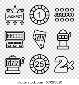 Jackpot icons set. set of 9 jackpot outline icons such as Slot machine, 1 casino chip, 25 casino chip, Casino bet, Jackpot, Vegas