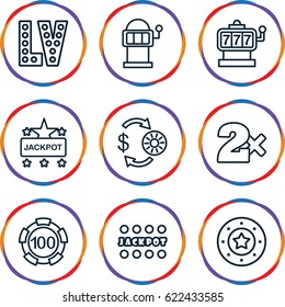 Jackpot icons set. set of 9 jackpot outline icons such as Slot machine, Casino chip and money, Casino chip, Casino bet, Jackpot