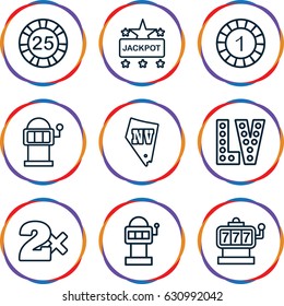 Jackpot icons set. set of 9 jackpot outline icons such as slot machine, 1 casino chip, 25 casino chip, casino bet, jackpot, vegas