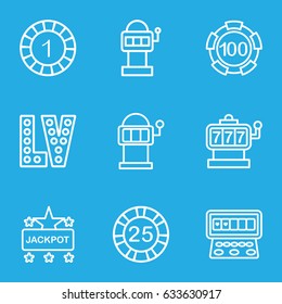 Jackpot icons set. set of 9 jackpot outline icons such as slot machine, 1 casino chip, 25 casino chip, 100 casino chip, jackpot, vegas