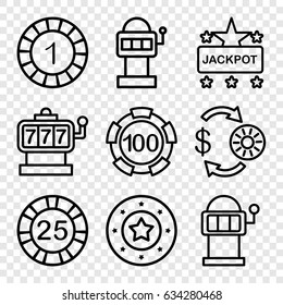 Jackpot icons set. set of 9 jackpot outline icons such as slot machine, casino chip and money, 1 casino chip, jackpot
