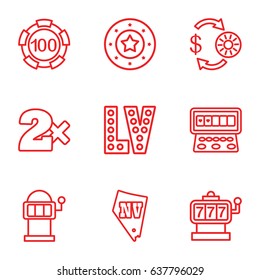Jackpot icons set. set of 9 jackpot outline icons such as slot machine, casino chip and money, 100 chip