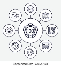 Jackpot icons set. set of 9 jackpot outline icons such as casino chip and money, 1 casino chip, jackpot, slot machine