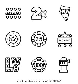 Jackpot icons set. set of 9 jackpot outline icons such as 25 casino chip, 100 casino chip, jackpot, vegas