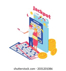 Jackpot isometric icon with lottery winners tickets coins 3d vector illustration