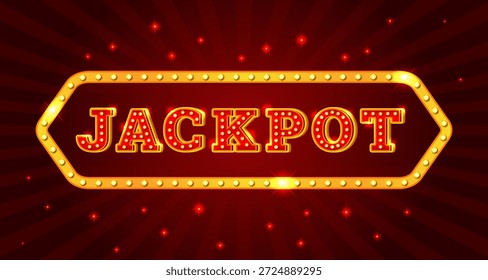 Anuncio de bombilla Jackpot. Gran victoria de casino de la máquina tragamonedas de pantalla de fondo, estilo retro signboard bombillas brillantes lámpara premio ganador vintage vegas carta, kicky Ilustración vectorial