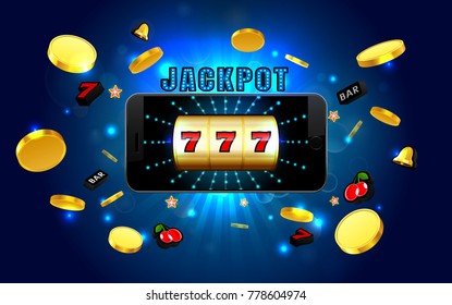 jackpot lucky wins golden slot machine casino on mobile phone with light background vector illustration