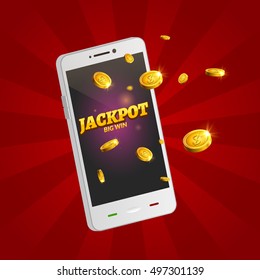 Jackpot money smart phone coins big win. Big income earn mobile technology.