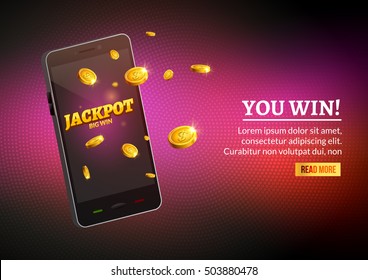 Jackpot money smart phone coins big win. Big income earn mobile technology banner poster.