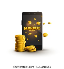 Jackpot money smartphone coins big win. Big income earn mobile money banner poster.