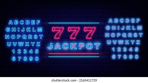 Jackpot neon sign. Bingo with seven numbers. Shiny blue alhpabet. Winner concept. Casino badge. Slot machine emblem. Bright logo. Editable stroke. Vector stock illustration