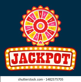 Jackpot neon signboard with light bulbs and fortune wheel. Casino gambling game lo with prize combinations and stacks of earned money. Betting and risk concept. Vector in flat cartoon style