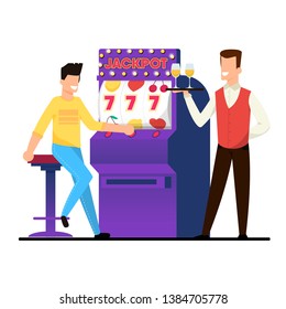 Jackpot on Casino Slot Machine Vector Illustration. Guy is Happy to Win Money at Casino, Three Sevens Fell on Machine. Waiter Brought Champagne. Good Luck, Wealth and Success Cartoon Flat.