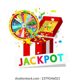 Jackpot open box with wheel of fortune and confetti vector cartoon