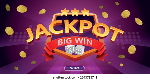 Jackpot popup banner, level win screen. User interface with golden coins, banners, stripes and stars. Ui playing slots or roulette element,  advertising template. Cartoon casino vector illustration