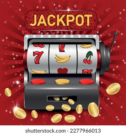 Jackpot-realistischer Hintergrund mit Retro-Trommelspielmaschine und Streuung von Goldmünzen Vektorgrafik