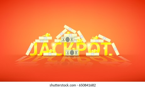 Jackpot retro banner with money. Vector illustration with golden coins and paper greenbacks. Label for winners of poker, cards, roulette and lottery.